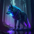 Ilustrasi serigala setengah robot berdiri gagah di tengah hutan belantara malam hari Royalty Free Stock Photo
