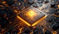 GeneraAI Generated Glowing Microchip Processor on Futuristic Circuit Board with Golden Data Flowted image Royalty Free Stock Photo