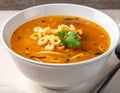 A white ceramic bowl filled with alphabet pasta soup Royalty Free Stock Photo