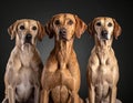 Three dogs, resembling Rhodesian Ridgebacks (Canis lupus familiaris), sit side by side Royalty Free Stock Photo