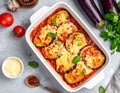 Eggplant casserole with cheese and tomato sauce in a white baking dish on a gray conc Royalty Free Stock Photo