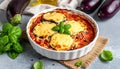 Eggplant casserole with cheese and tomato sauce in a white baking dish on a gray conc Royalty Free Stock Photo