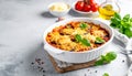 Eggplant casserole with cheese and tomato sauce in a white baking dish on a gray conc Royalty Free Stock Photo