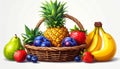 Low fruit basket - Large pineapple in the center at the back, right banana, middle rip Royalty Free Stock Photo