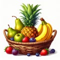 Low fruit basket - Large pineapple in the center at the back, right banana, middle rip Royalty Free Stock Photo