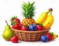 Low fruit basket - Large pineapple in the center at the back, right banana, middle rip Royalty Free Stock Photo