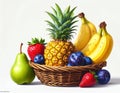 Low fruit basket - Large pineapple in the center at the back, right banana, middle rip Royalty Free Stock Photo