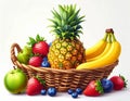 Low fruit basket - Large pineapple in the center at the back, right banana, middle rip Royalty Free Stock Photo