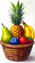 Low fruit basket - Large pineapple in the center at the back, right banana, middle rip Royalty Free Stock Photo