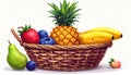 Low fruit basket - Large pineapple in the center at the back, right banana, middle rip Royalty Free Stock Photo