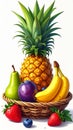 Low fruit basket - Large pineapple in the center at the back, right banana, middle rip Royalty Free Stock Photo