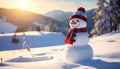 A cheerful snowman stands on a snow-covered landscape during sunset Royalty Free Stock Photo