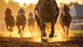 Thundering Hooves: Dynamic Horse Race at Golden Hour Royalty Free Stock Photo