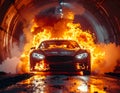 Advertising - testimonial photo of a nissan r35 gt-r spitting flames under a tunnel Royalty Free Stock Photo