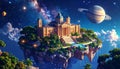 Cute isometric 3D image of a big university floating in space, hogwarts, 3D illustrat Royalty Free Stock Photo