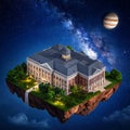 Cute isometric 3D image of a big university floating in space, hogwarts, 3D illustrat Royalty Free Stock Photo