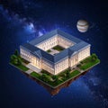 Cute isometric 3D image of a big university floating in space, hogwarts, 3D illustrat Royalty Free Stock Photo