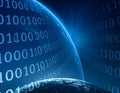 Binary code streams across a digital landscape with a blue hue Royalty Free Stock Photo