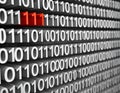Rows of binary code in shades of grey and white, with a single \