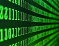 Rows of green binary code, comprising ones and zeros, appear on a black screen Royalty Free Stock Photo