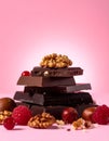 Dark chocolate pieces with hazelnuts, walnuts and raspberries Royalty Free Stock Photo