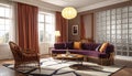 A stylish living room features a large, curved purple velvet sofa with orange and dark cushions Royalty Free Stock Photo