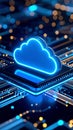 Abstract blue neon cloud icon rests on futuristic circuit board data stream Royalty Free Stock Photo