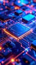 Abstract close-up of a computer processor and circuit board with vibrant glowing lines Royalty Free Stock Photo