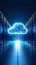 Abstract cloud computing concept with illuminated cloud and server racks. Royalty Free Stock Photo