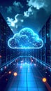 Abstract cloud computing concept with server racks and glowing data transfer. Royalty Free Stock Photo
