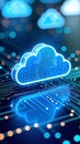 Abstract 3D cloud computing concept with glowing circuit board background Royalty Free Stock Photo