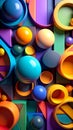 Abstract 3D rendering of colorful geometric shapes and spheres in a vibrant composition. Royalty Free Stock Photo