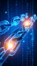 Abstract digital blockchain concept with glowing chain links and binary code background. Royalty Free Stock Photo
