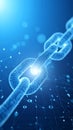 Abstract digital chain with glowing links and binary code on a blue background. Royalty Free Stock Photo