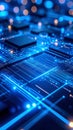 Abstract digital circuit board glowing with neon blue light depicting technology and data processing Royalty Free Stock Photo