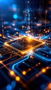 Abstract Digital Circuitry with Glowing Processor and Data Flow Royalty Free Stock Photo