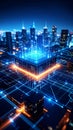 Abstract digital city with glowing data center and network connections at night. Royalty Free Stock Photo
