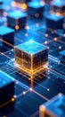 Abstract digital cube with glowing circuits and data patterns, futuristic technology Royalty Free Stock Photo