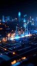 Abstract digital financial data visualization with glowing charts and lines in blue and orange Royalty Free Stock Photo