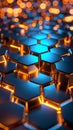 Abstract digital hexagonal pattern with glowing blue and orange lights and bokeh background Royalty Free Stock Photo