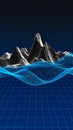 Abstract digital landscape with wireframe mountains and glowing ocean waves Royalty Free Stock Photo