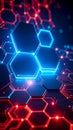 Abstract digital network of glowing blue and red hexagonal shapes on dark background Royalty Free Stock Photo