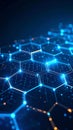 Abstract digital network with glowing lines and hexagonal structure on dark blue background Royalty Free Stock Photo