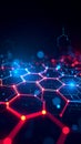 Abstract digital network with glowing red and blue lines and hexagonal shapes on dark background Royalty Free Stock Photo