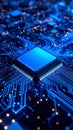 Abstract macro shot of a blue computer processor chip with circuit board. Royalty Free Stock Photo