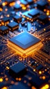 Abstract macro shot of a computer processor chip with glowing circuits and data transfer Royalty Free Stock Photo