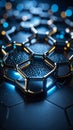 Abstract molecular structure with hexagonal shapes and glowing elements on dark background. Royalty Free Stock Photo