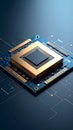 Advanced computer chip with golden connections on a blue circuit board modern technology background Royalty Free Stock Photo