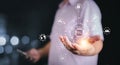 Ai tech, businessman touch on virtual graphic Global Internet connect to Chat with AI,