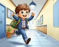 An animated image of a young boy with a backpack joyously running through a bright school corridor with lockers and notice boards Royalty Free Stock Photo